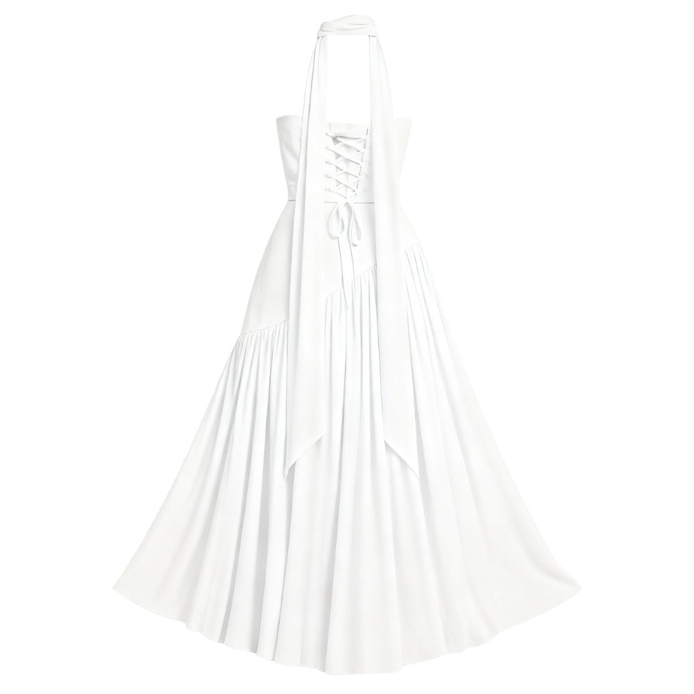 Women’s Aphrodite Strapless Pleated Gown – White Corset Evening Dress with Asymmetrical Waist & Choker Scarf Detail for Bridal & Formal Events