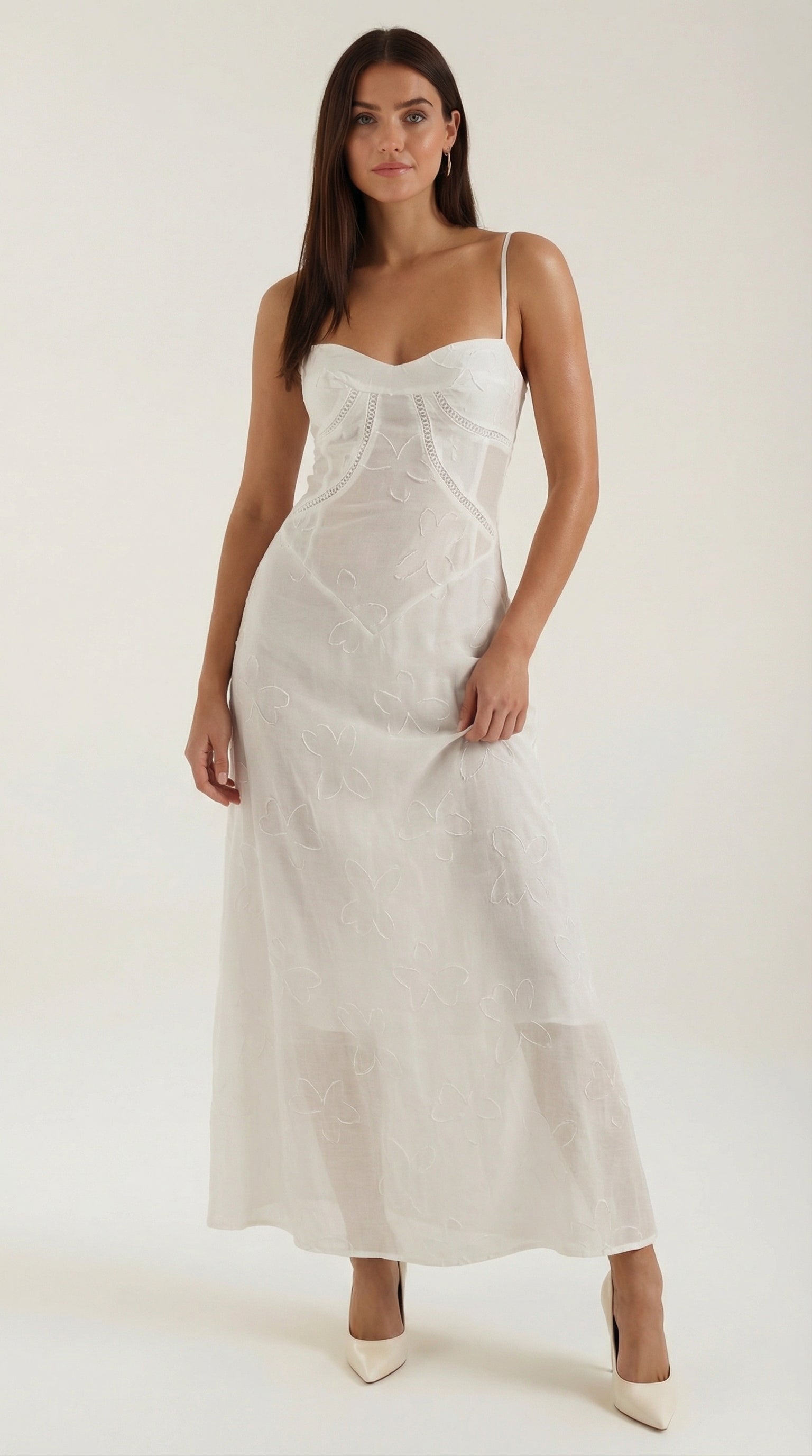 Nathalia Lace Maxi Dress — Women’s Sweetheart Floral Jacquard Strappy Bridal Wedding Gown Elegant Formal Dress