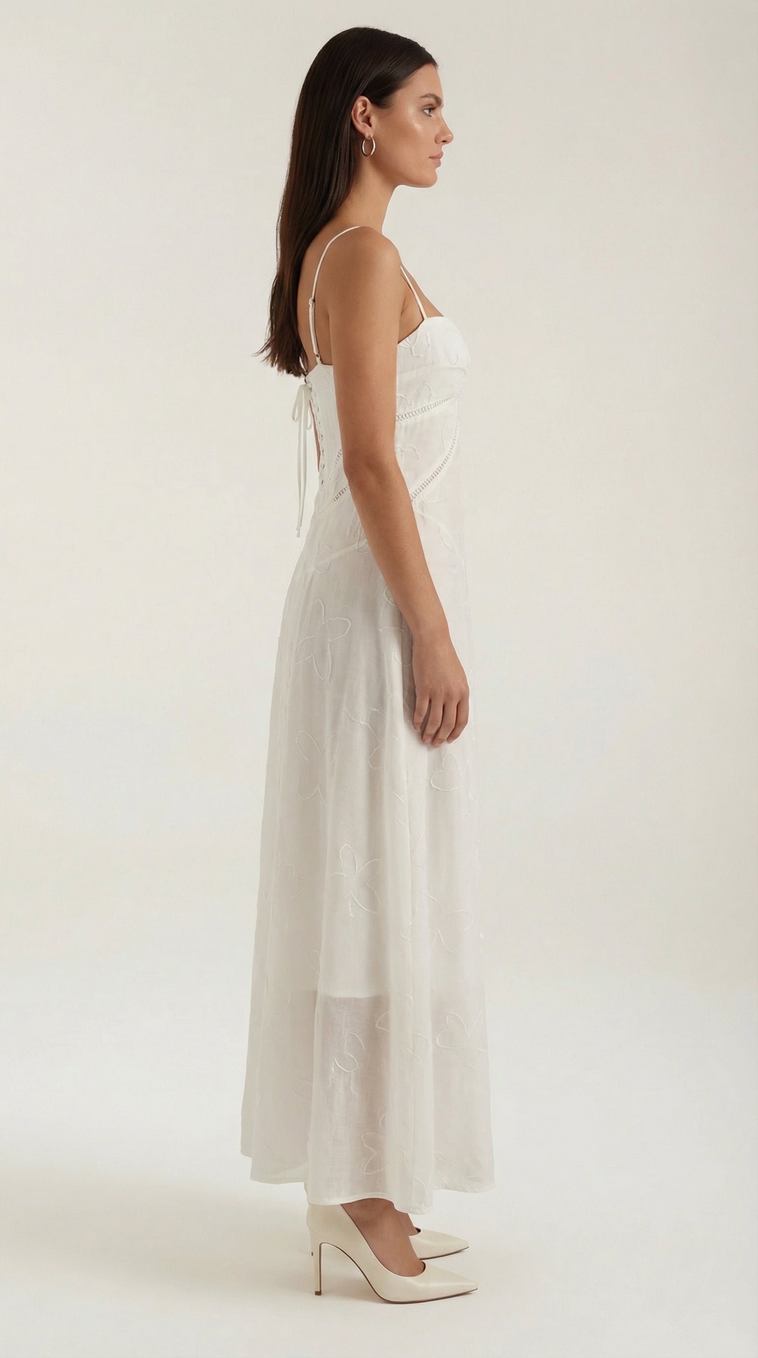Nathalia Lace Maxi Dress — Women’s Sweetheart Floral Jacquard Strappy Bridal Wedding Gown Elegant Formal Dress