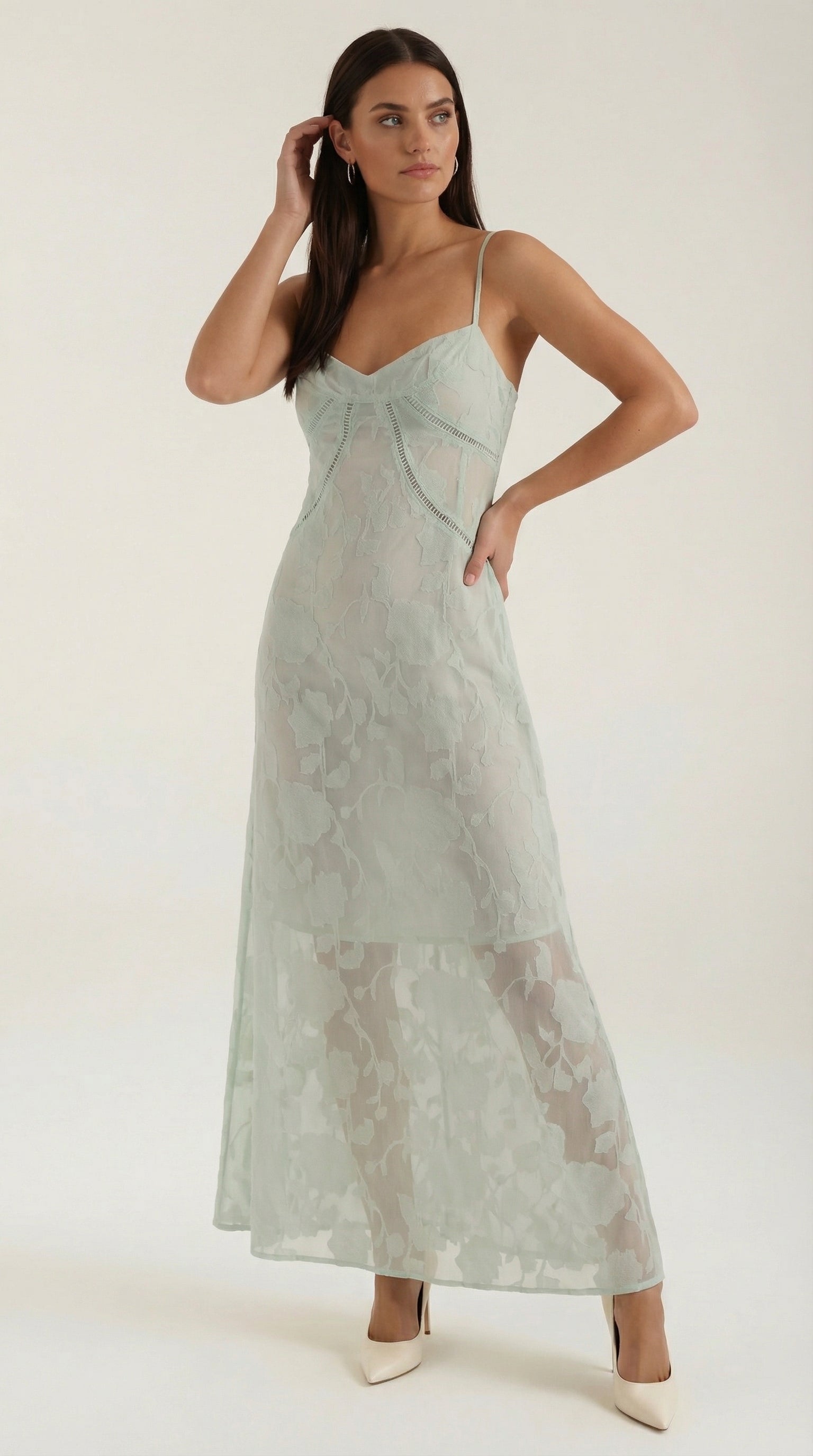 Nathalia Lace Maxi Dress — Women’s Sweetheart Floral Jacquard Strappy Bridal Wedding Gown Elegant Formal Dress