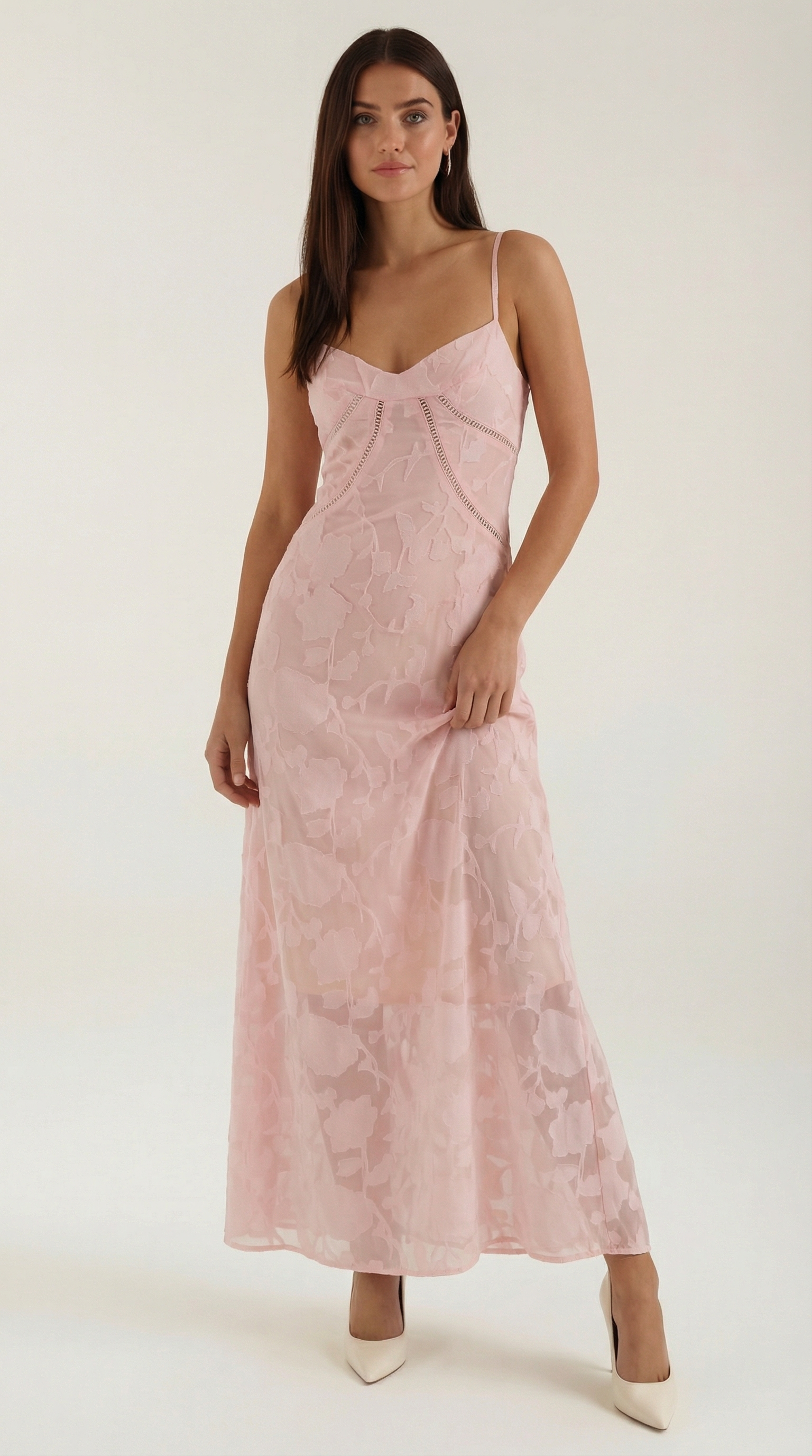 Nathalia Lace Maxi Dress — Women’s Sweetheart Floral Jacquard Strappy Bridal Wedding Gown Elegant Formal Dress
