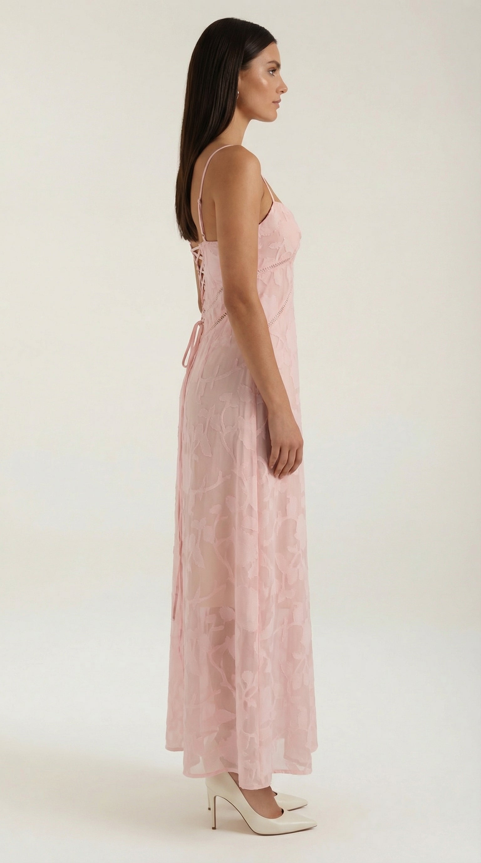 Nathalia Lace Maxi Dress — Women’s Sweetheart Floral Jacquard Strappy Bridal Wedding Gown Elegant Formal Dress
