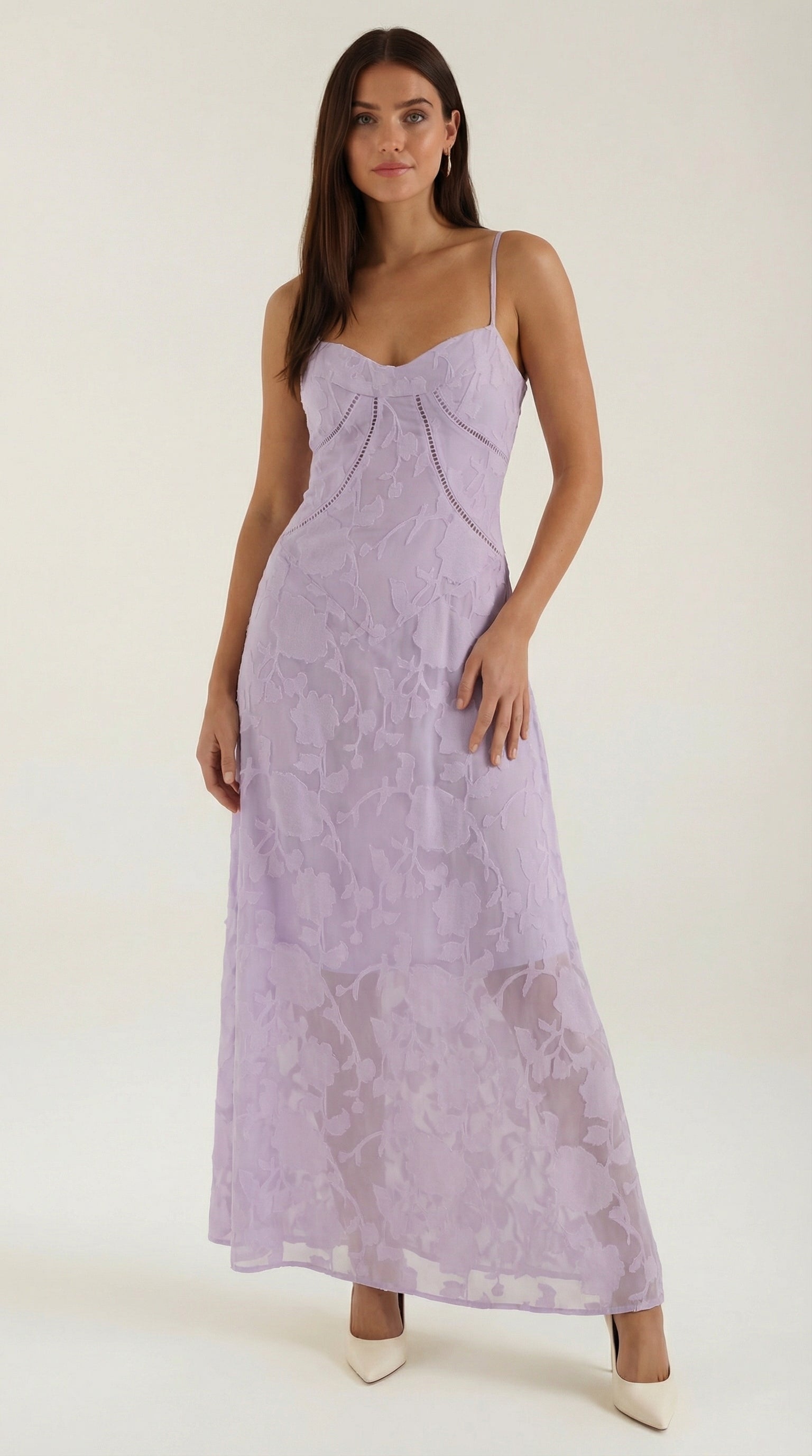 Nathalia Lace Maxi Dress — Women’s Sweetheart Floral Jacquard Strappy Bridal Wedding Gown Elegant Formal Dress