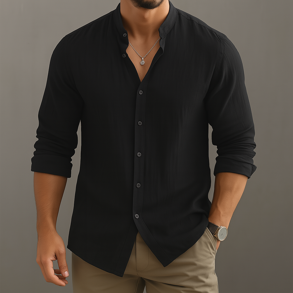 Leo |  Gossamer Linen Band Collar Shirt with Tonal Button Detail – Lightweight Elevated Essential