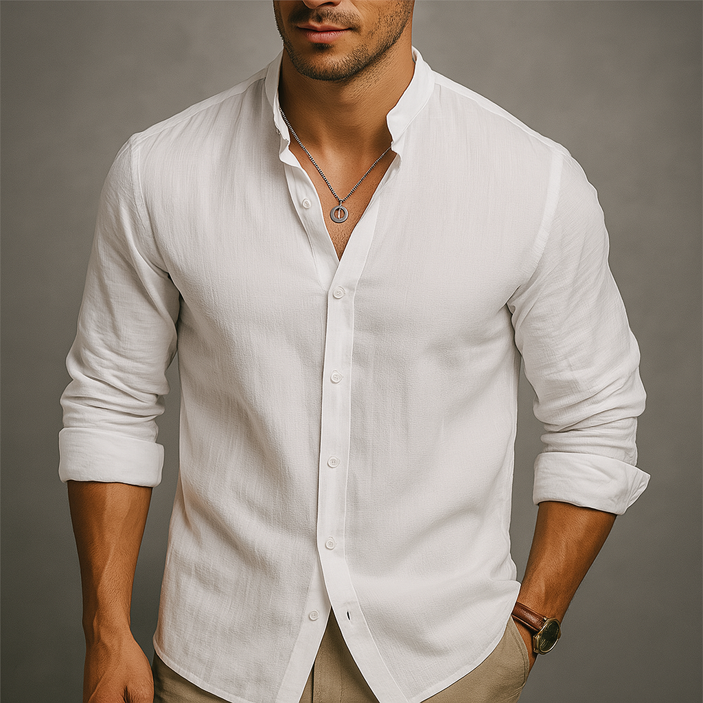 Leo |  Gossamer Linen Band Collar Shirt with Tonal Button Detail – Lightweight Elevated Essential