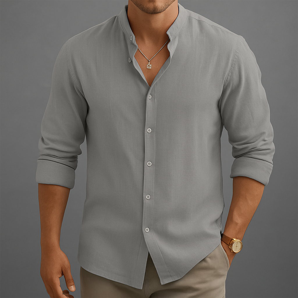 Leo |  Gossamer Linen Band Collar Shirt with Tonal Button Detail – Lightweight Elevated Essential