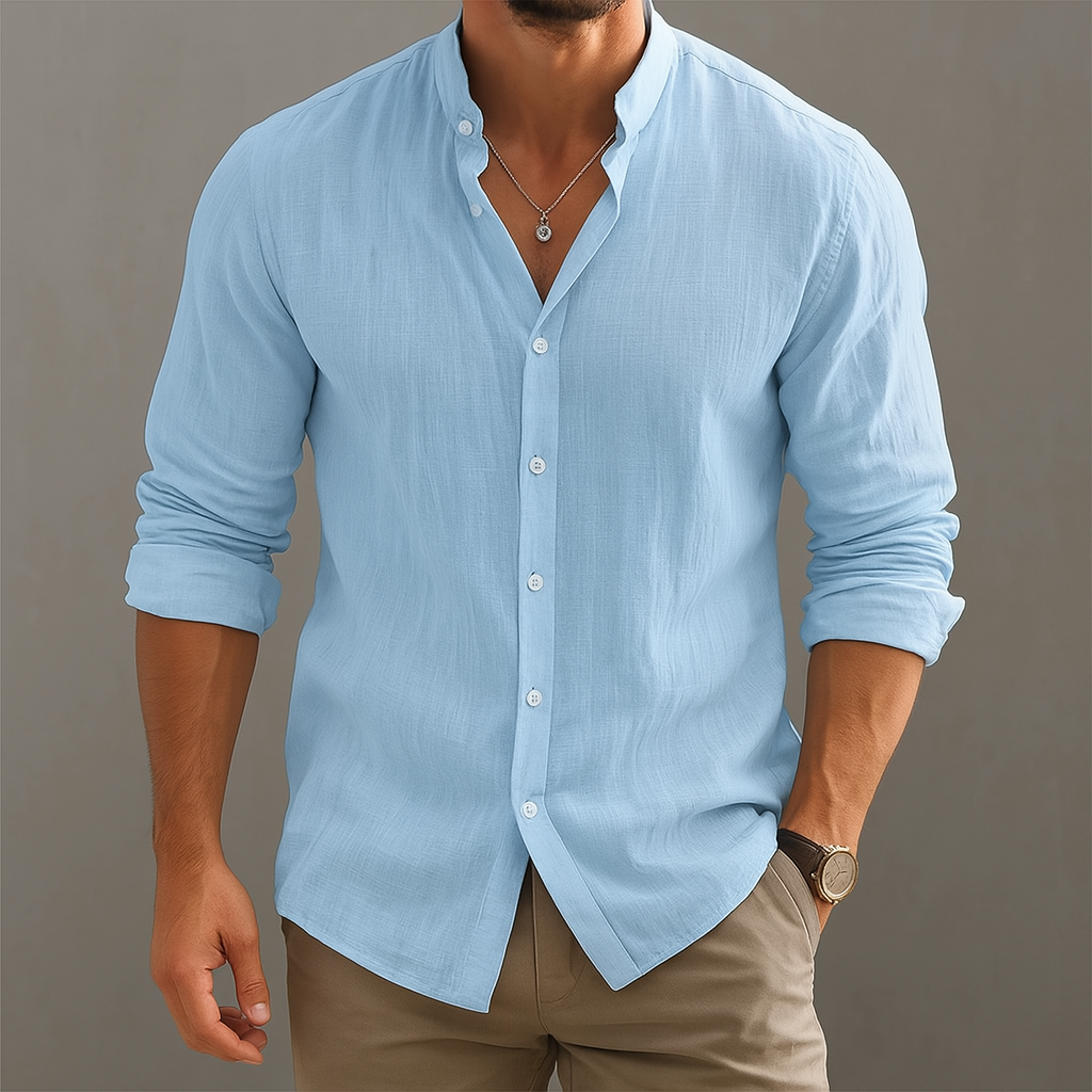 Leo |  Gossamer Linen Band Collar Shirt with Tonal Button Detail – Lightweight Elevated Essential