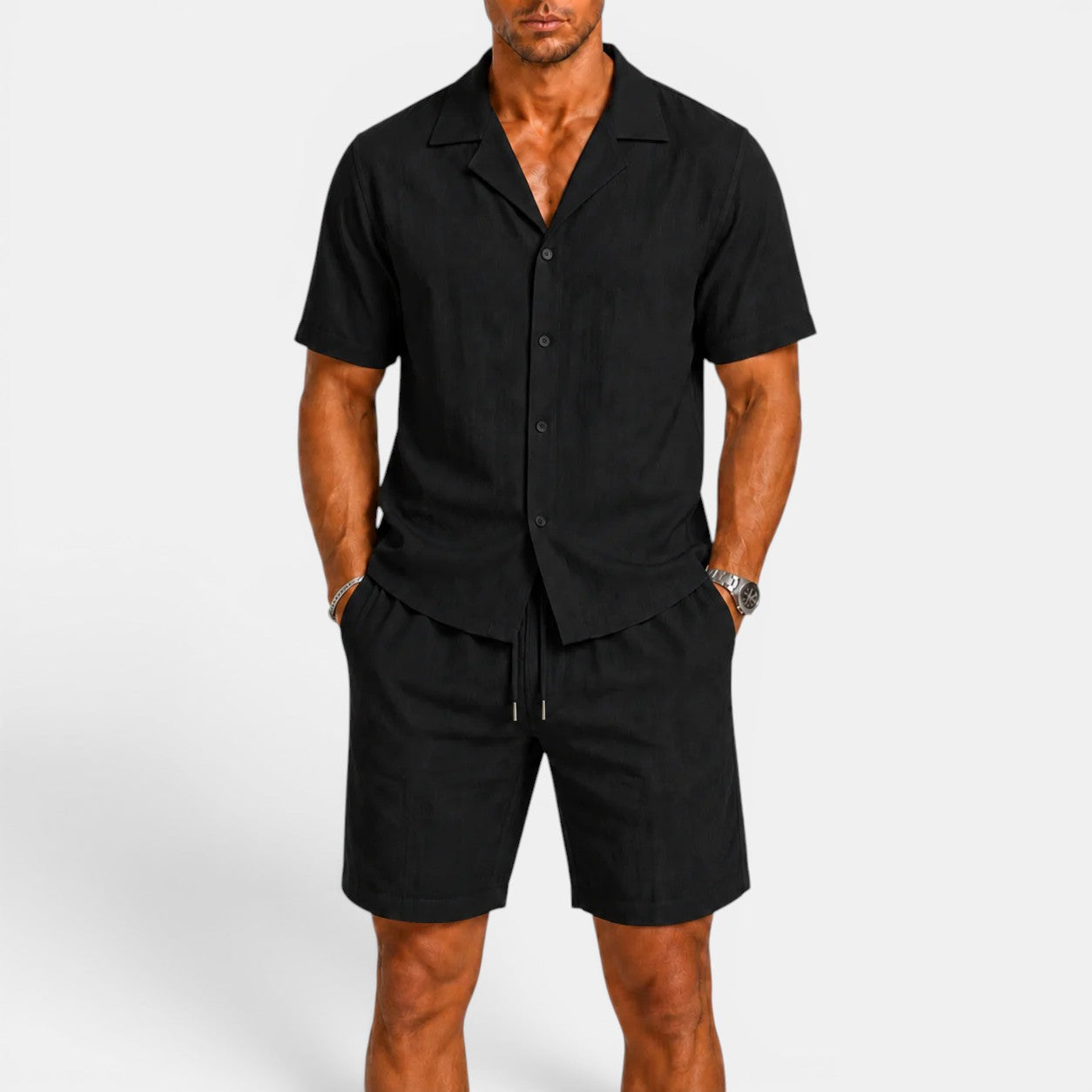Mens summer shirt and shorts outfit, full length view