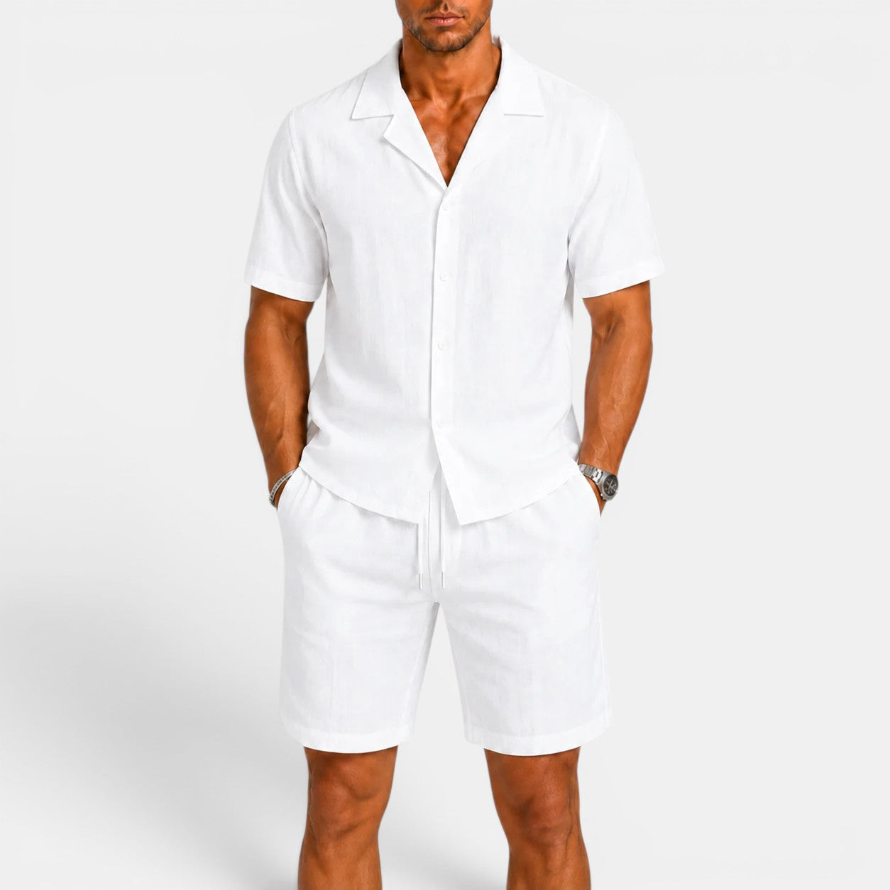Mens linen co ord set, relaxed fit styling view