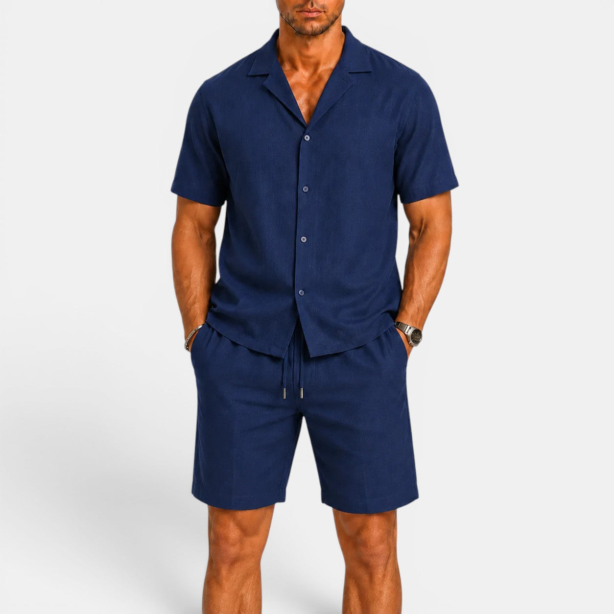Mens matching shorts set, fabric texture detail view