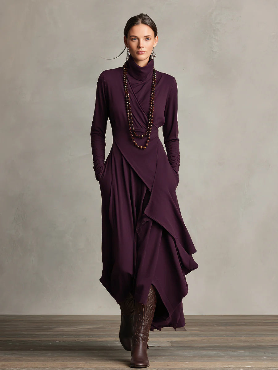 Bohemian Collection | Women's Maxi Dress with Turtleneck & Asymmetrical Draping | Effortless Style for Casual Elegance