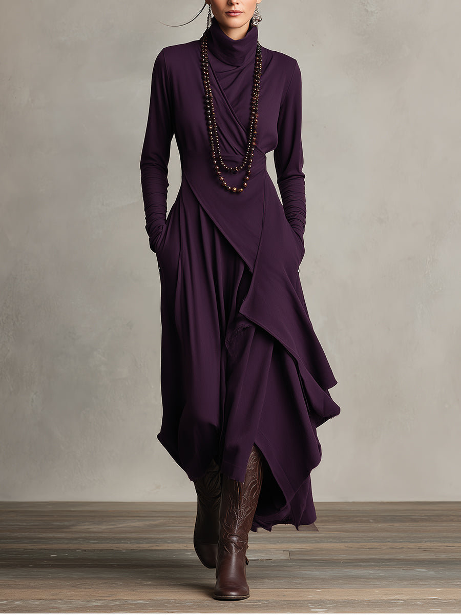 Bohemian Collection | Women's Maxi Dress with Turtleneck & Asymmetrical Draping | Effortless Style for Casual Elegance