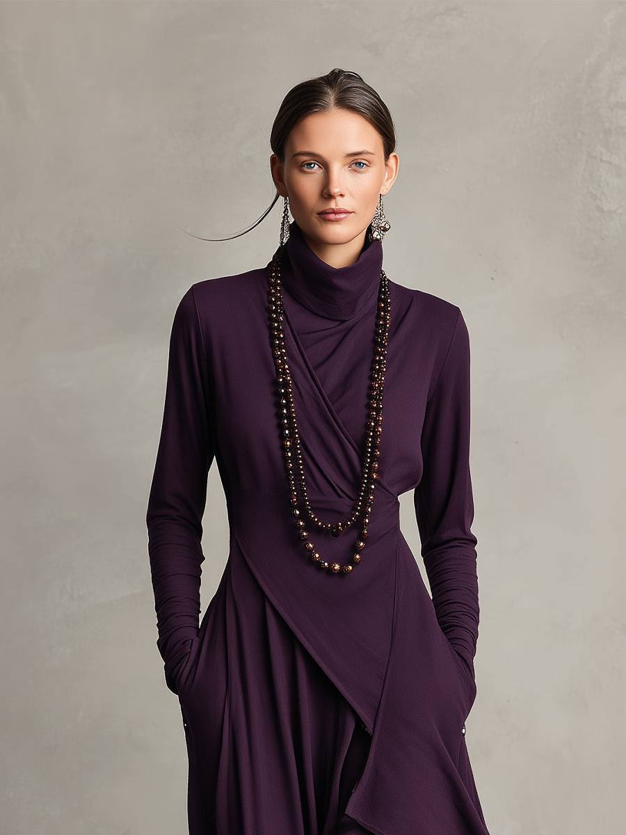 Bohemian Collection | Women's Maxi Dress with Turtleneck & Asymmetrical Draping | Effortless Style for Casual Elegance