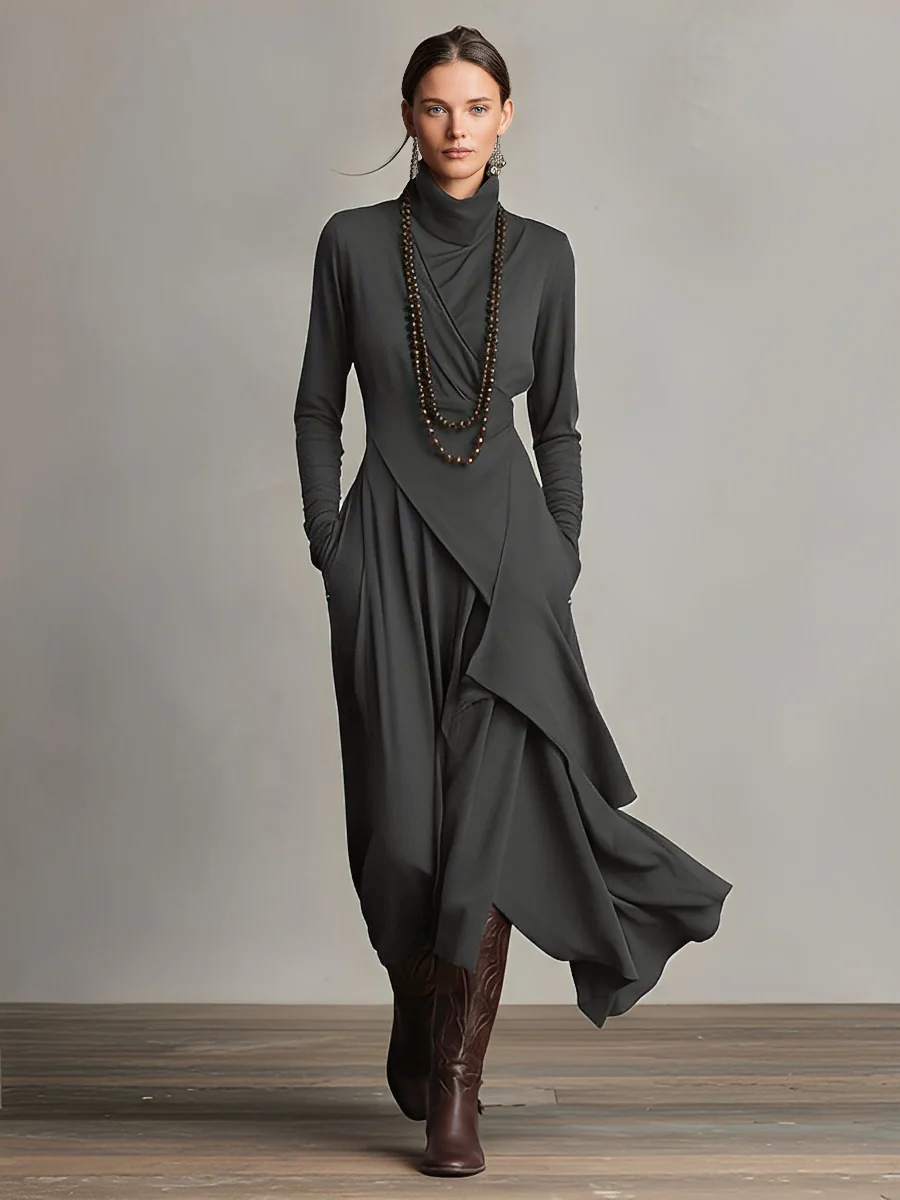 Bohemian Collection | Women's Maxi Dress with Turtleneck & Asymmetrical Draping | Effortless Style for Casual Elegance