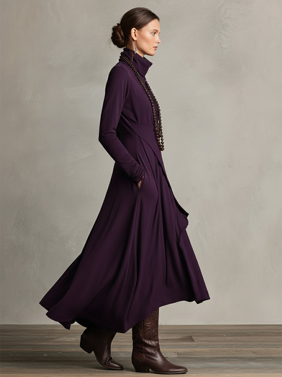 Bohemian Collection | Women's Maxi Dress with Turtleneck & Asymmetrical Draping | Effortless Style for Casual Elegance