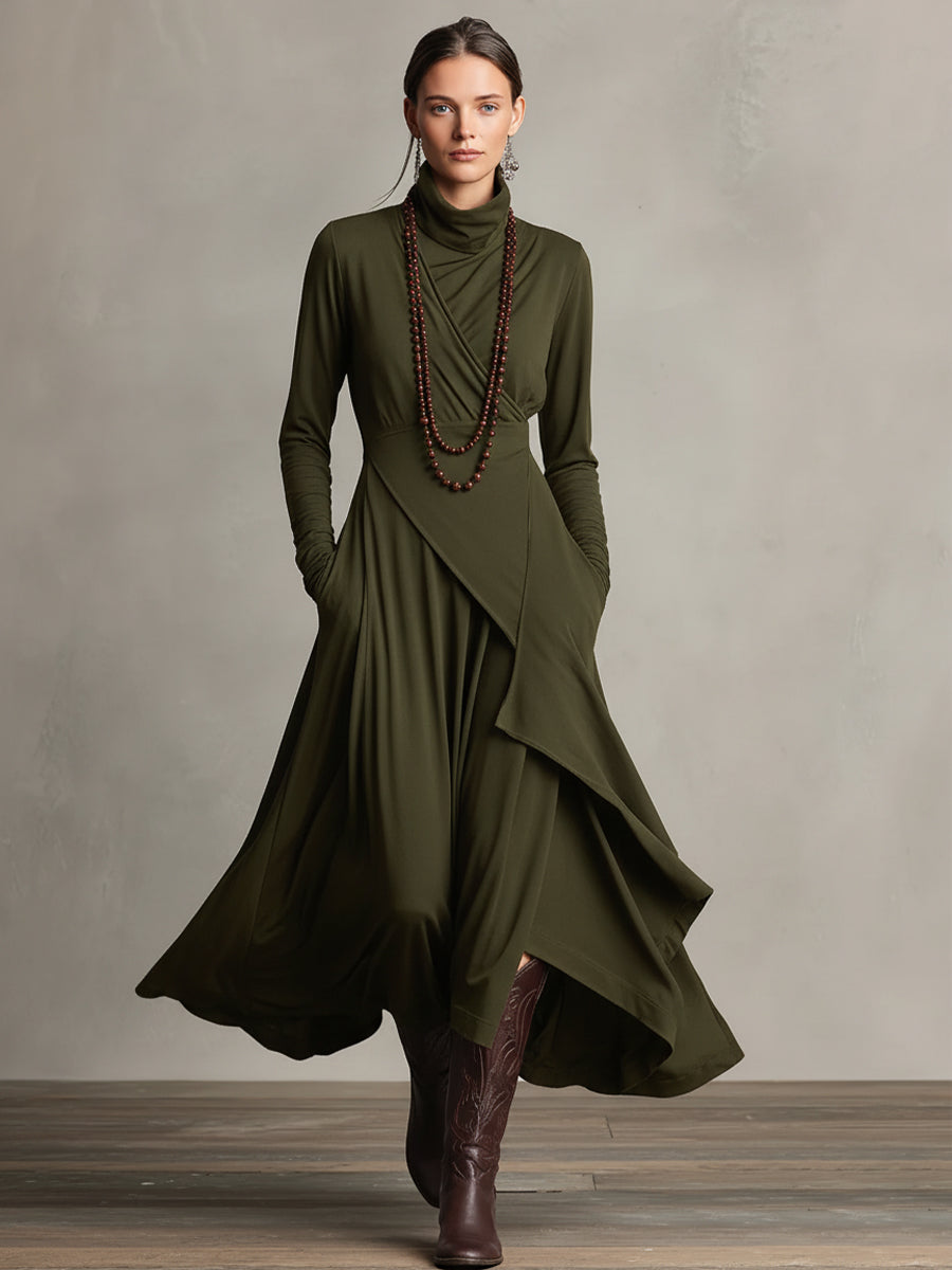 Bohemian Collection | Women's Maxi Dress with Turtleneck & Asymmetrical Draping | Effortless Style for Casual Elegance