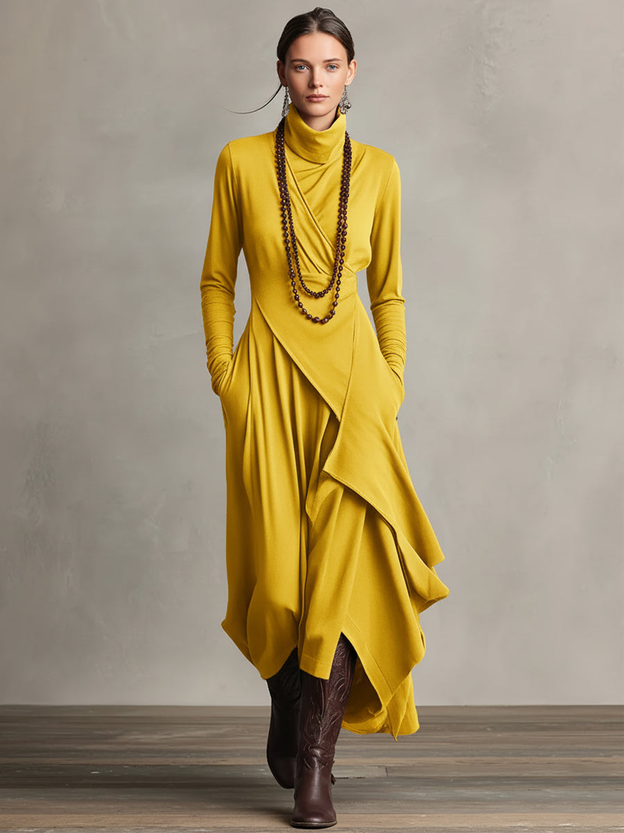 Bohemian Collection | Women's Maxi Dress with Turtleneck & Asymmetrical Draping | Effortless Style for Casual Elegance