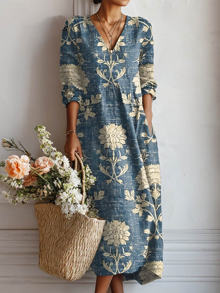 Bohemian Linen Midi Dress | Women's Floral Summer Dress with Side Pockets for Effortless Style