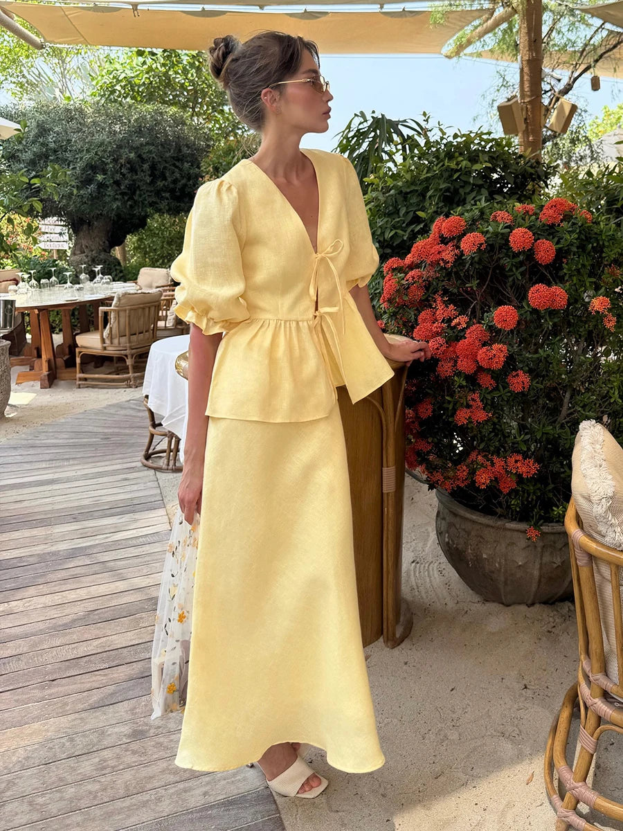 Women's  two-Piece Puff Sleeve Wrap Top & Maxi Skirt Set –Elegant Summer Co-Ord Resort Outfit