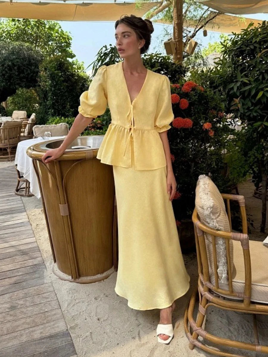 Women's  two-Piece Puff Sleeve Wrap Top & Maxi Skirt Set –Elegant Summer Co-Ord Resort Outfit