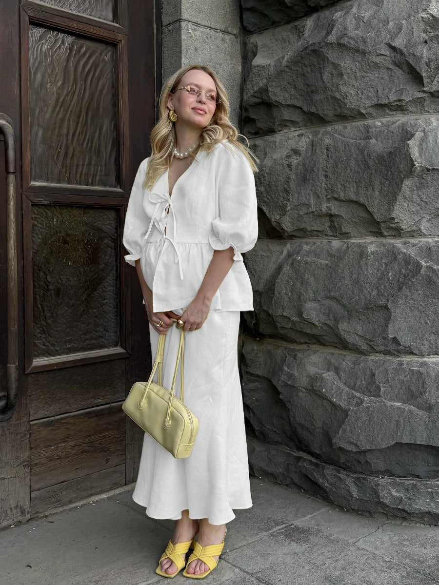 Women's  two-Piece Puff Sleeve Wrap Top & Maxi Skirt Set –Elegant Summer Co-Ord Resort Outfit