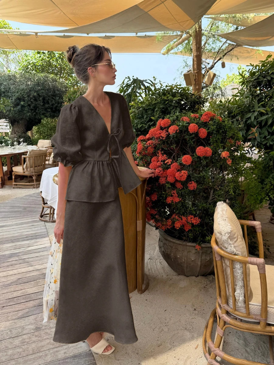 Women's  two-Piece Puff Sleeve Wrap Top & Maxi Skirt Set –Elegant Summer Co-Ord Resort Outfit