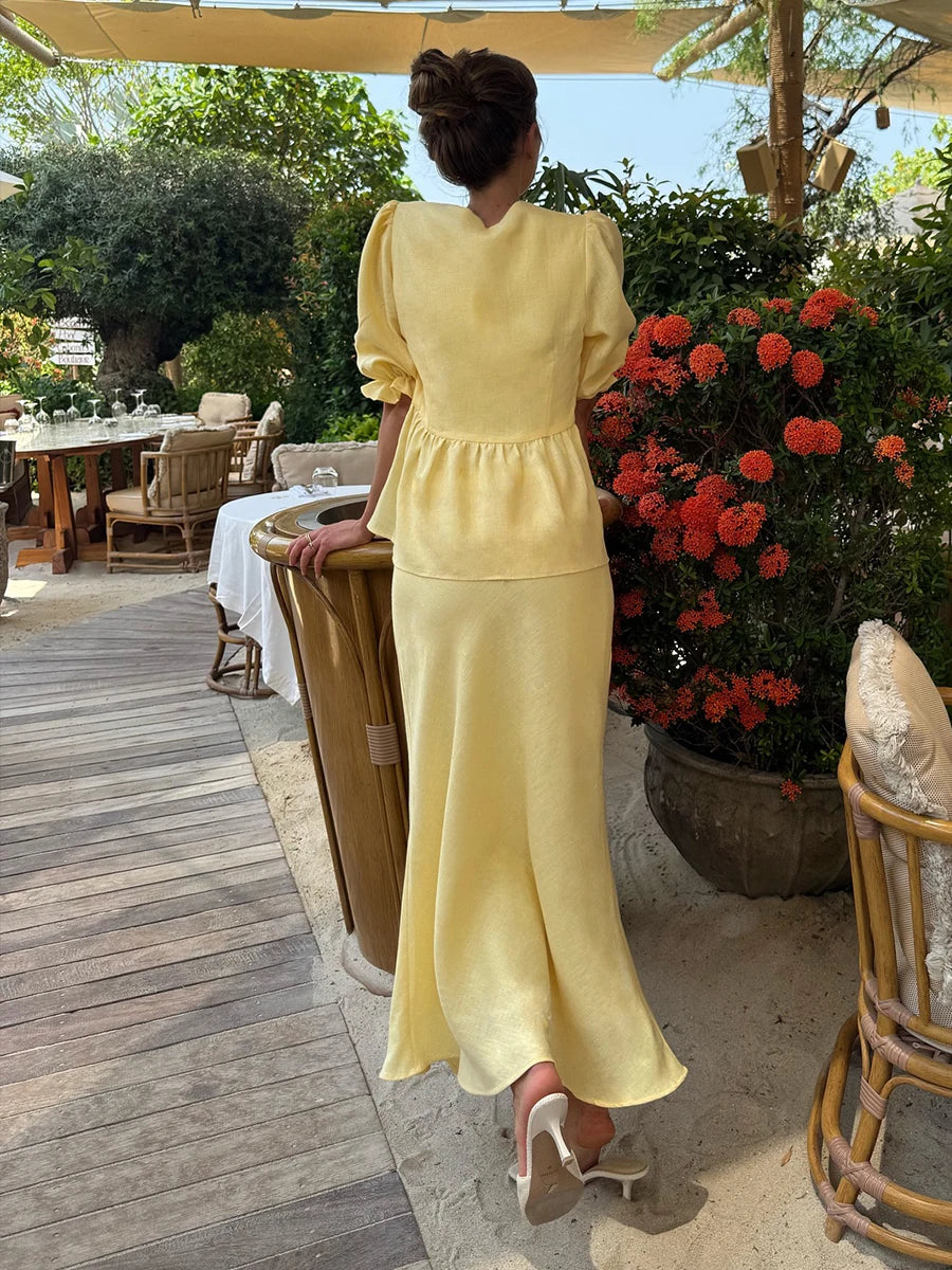 Women's  two-Piece Puff Sleeve Wrap Top & Maxi Skirt Set –Elegant Summer Co-Ord Resort Outfit