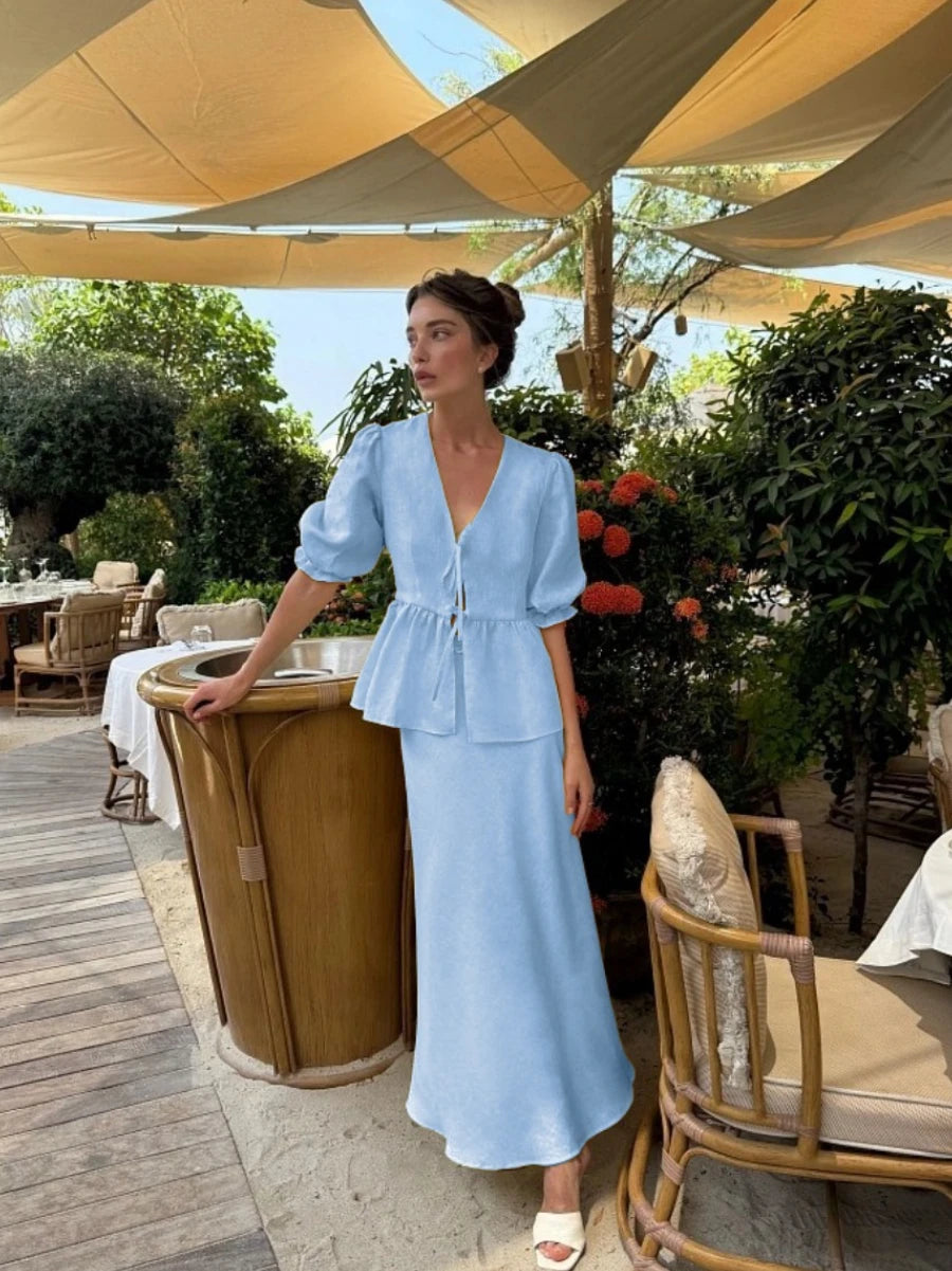 Women's  two-Piece Puff Sleeve Wrap Top & Maxi Skirt Set –Elegant Summer Co-Ord Resort Outfit