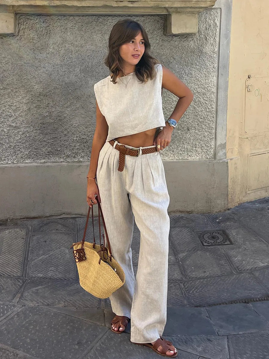 Women's Natural Linen Sleeveless Wide Leg Jumpsuit – Belted Casual Chic Summer One-Piece Outfit Resort Vacation Wear