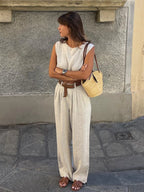 Women's Natural Linen Sleeveless Wide Leg Jumpsuit – Belted Casual Chic Summer One-Piece Outfit Resort Vacation Wear