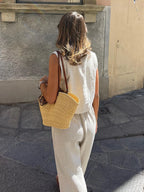 Women's Natural Linen Sleeveless Wide Leg Jumpsuit – Belted Casual Chic Summer One-Piece Outfit Resort Vacation Wear