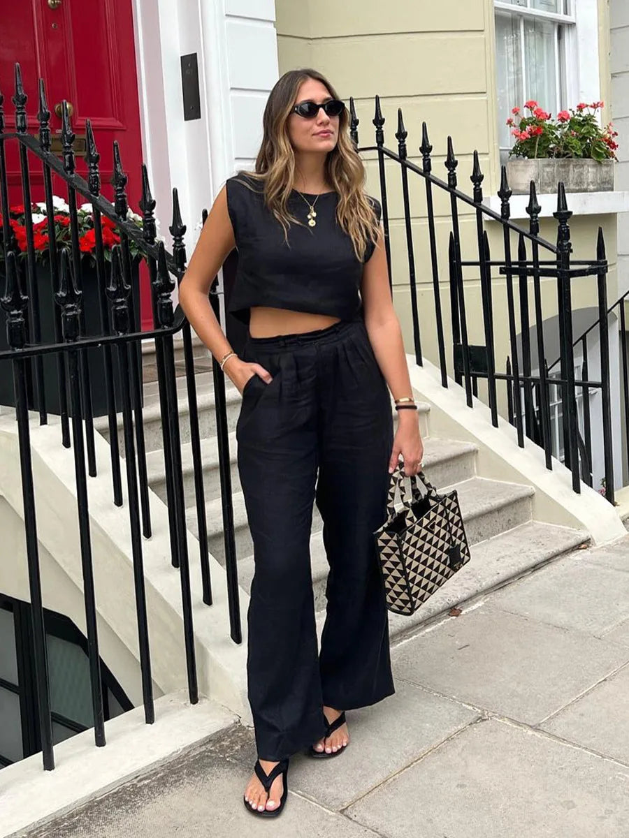 Women's Natural Linen Sleeveless Wide Leg Jumpsuit – Belted Casual Chic Summer One-Piece Outfit Resort Vacation Wear