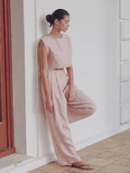 Women's Natural Linen Sleeveless Wide Leg Jumpsuit – Belted Casual Chic Summer One-Piece Outfit Resort Vacation Wear