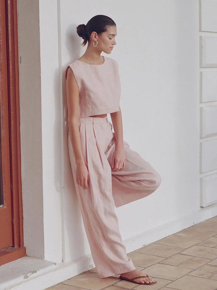 Women's Natural Linen Sleeveless Wide Leg Jumpsuit – Belted Casual Chic Summer One-Piece Outfit Resort Vacation Wear