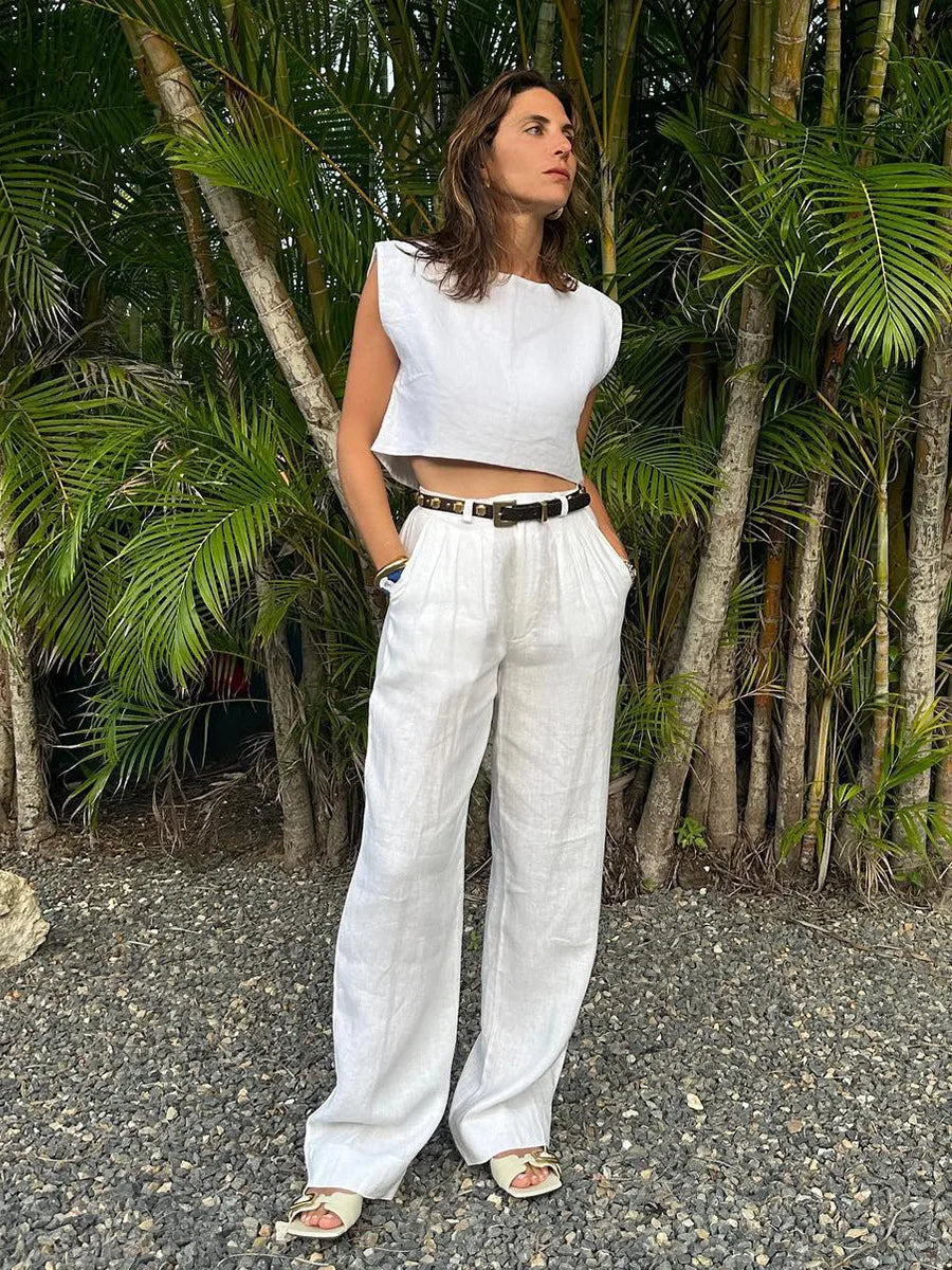 Women's Natural Linen Sleeveless Wide Leg Jumpsuit – Belted Casual Chic Summer One-Piece Outfit Resort Vacation Wear