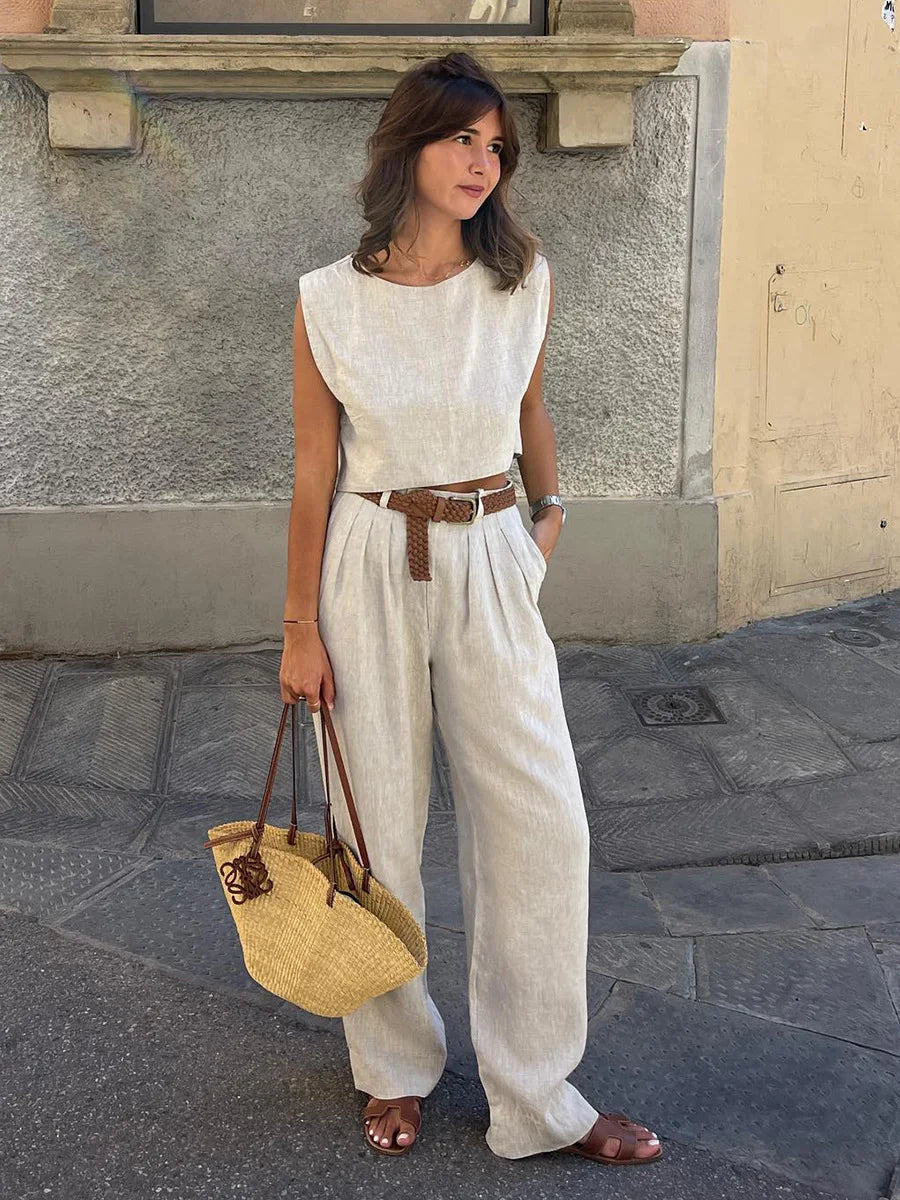 Women's Natural Linen Sleeveless Wide Leg Jumpsuit – Belted Casual Chic Summer One-Piece Outfit Resort Vacation Wear