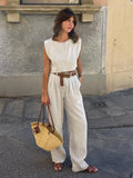 Women's Natural Linen Sleeveless Wide Leg Jumpsuit – Belted Casual Chic Summer One-Piece Outfit Resort Vacation Wear