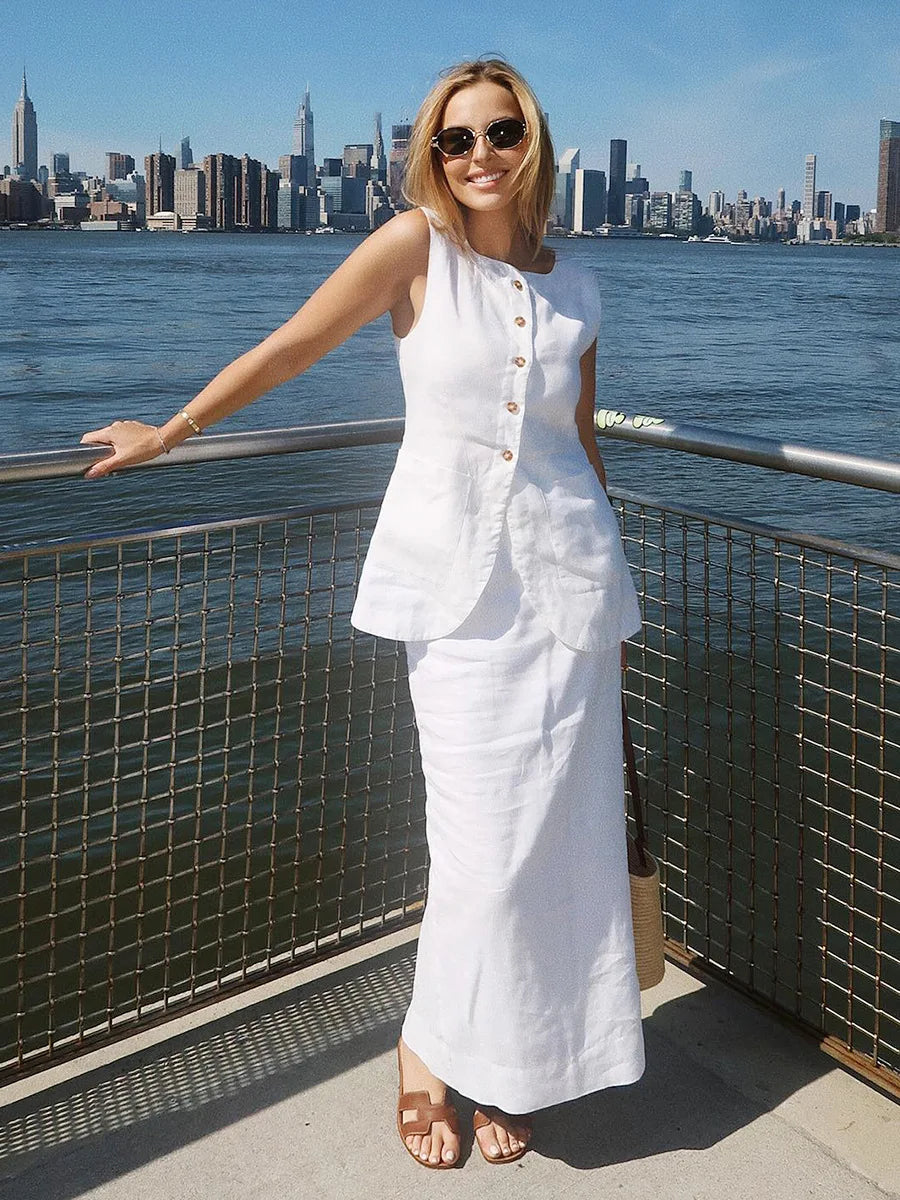 Women’s Linen Sleeveless Vest and High Waist Skirt Set