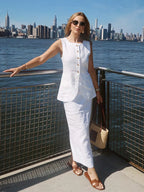 Women’s Linen Sleeveless Vest and High Waist Skirt Set