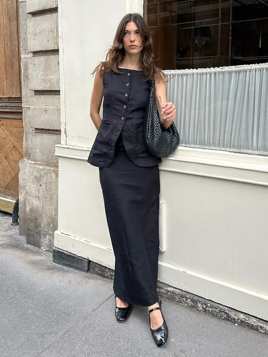 Women’s Linen Sleeveless Vest and High Waist Skirt Set