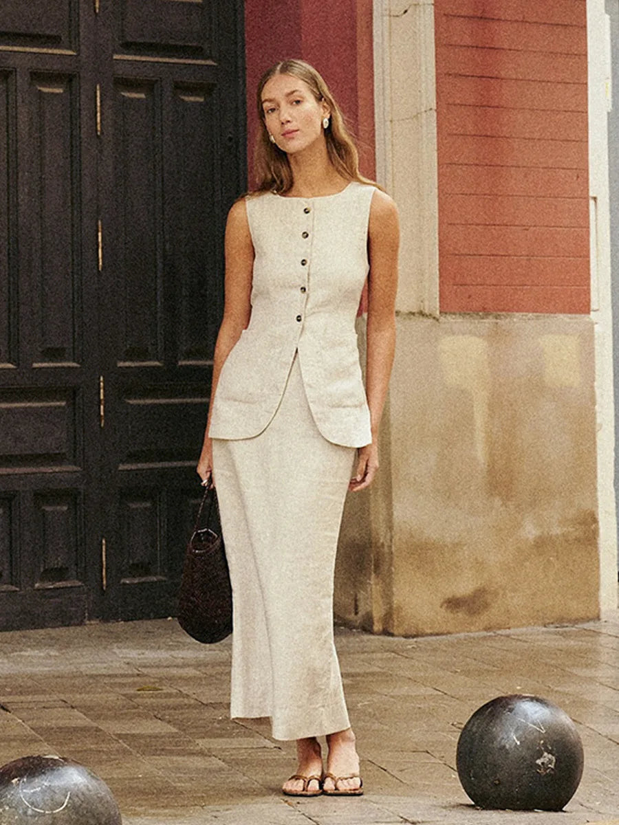 Women’s Linen Sleeveless Vest and High Waist Skirt Set