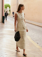 Women’s Linen Sleeveless Vest and High Waist Skirt Set