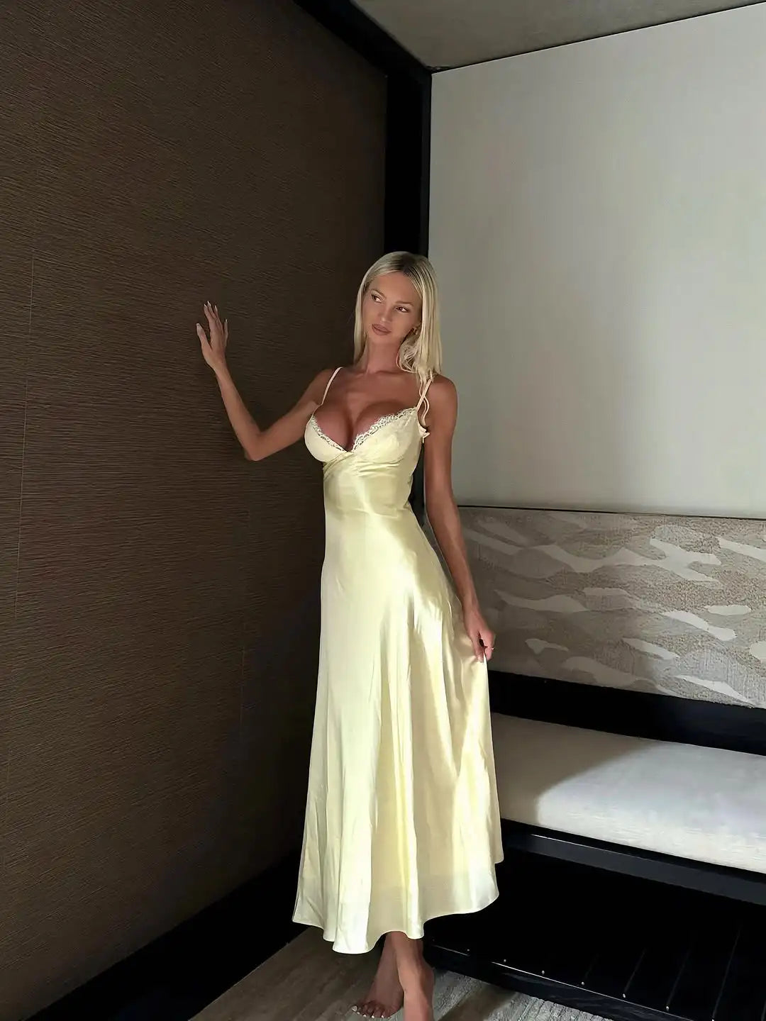 Women's Yellow Satin Lace Trim Slip Midi Dress – Elegant Bias Cut Cami Dress Summer Wedding Guest & Bridal Outfit