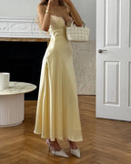 Women's Yellow Satin Lace Trim Slip Midi Dress – Elegant Bias Cut Cami Dress Summer Wedding Guest & Bridal Outfit