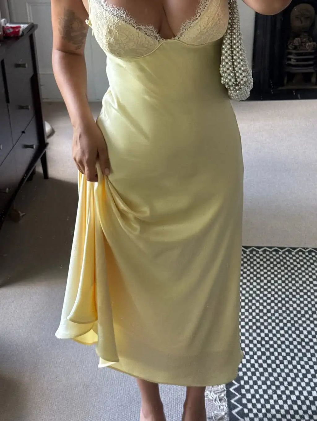 Women's Yellow Satin Lace Trim Slip Midi Dress – Elegant Bias Cut Cami Dress Summer Wedding Guest & Bridal Outfit