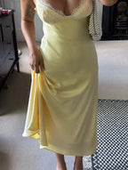 Women's Yellow Satin Lace Trim Slip Midi Dress – Elegant Bias Cut Cami Dress Summer Wedding Guest & Bridal Outfit