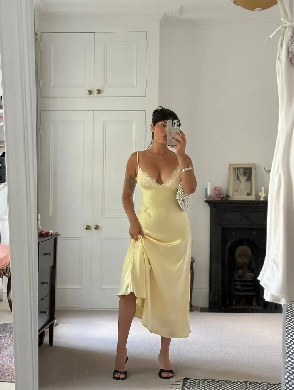 Women's Yellow Satin Lace Trim Slip Midi Dress – Elegant Bias Cut Cami Dress Summer Wedding Guest & Bridal Outfit
