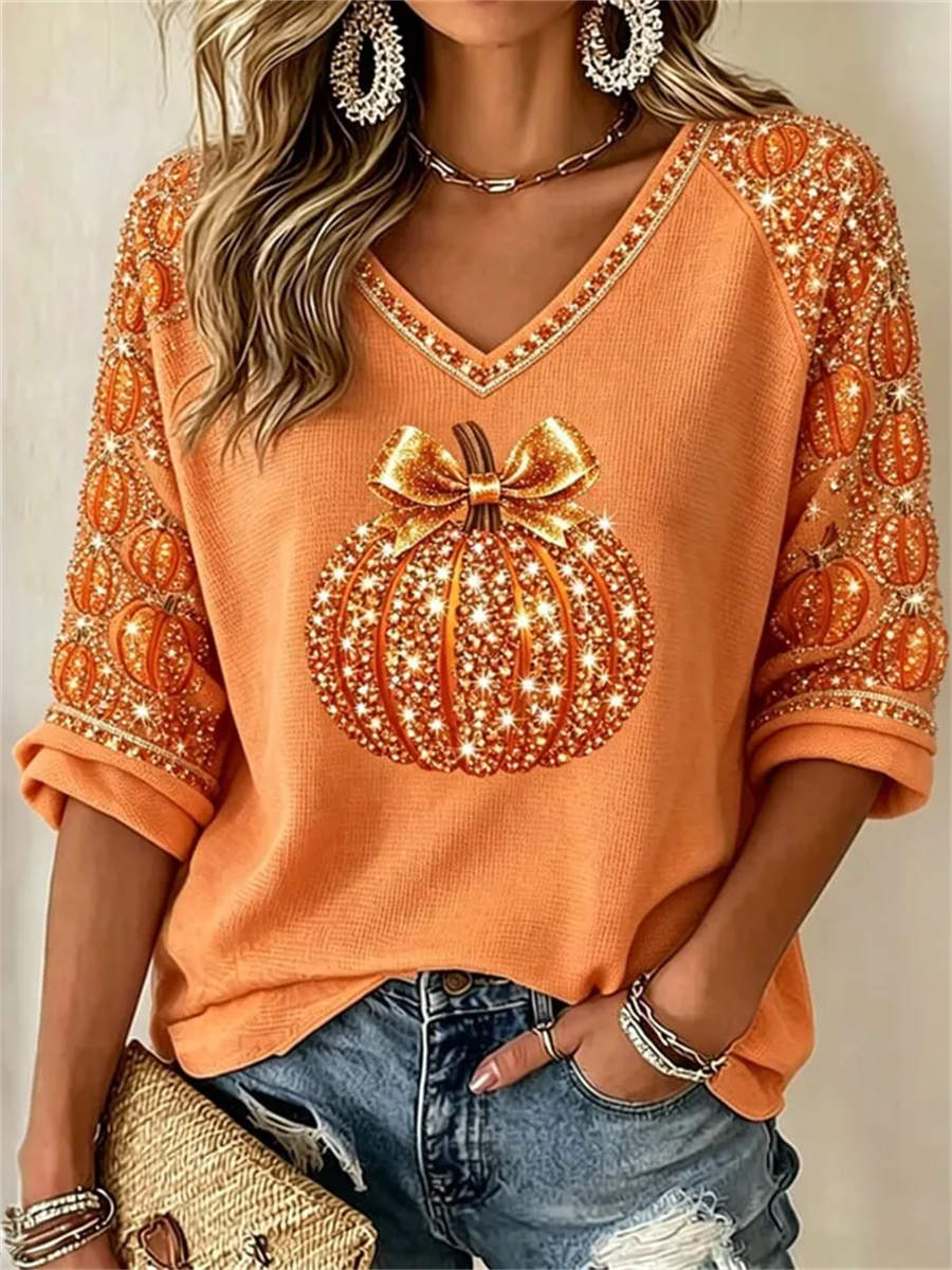 Orange pumpkin and bow print V neck three quarter sleeve blouse