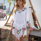 Women’s Fringe Crochet Beach Cover Up – White Hollow Knit Tunic