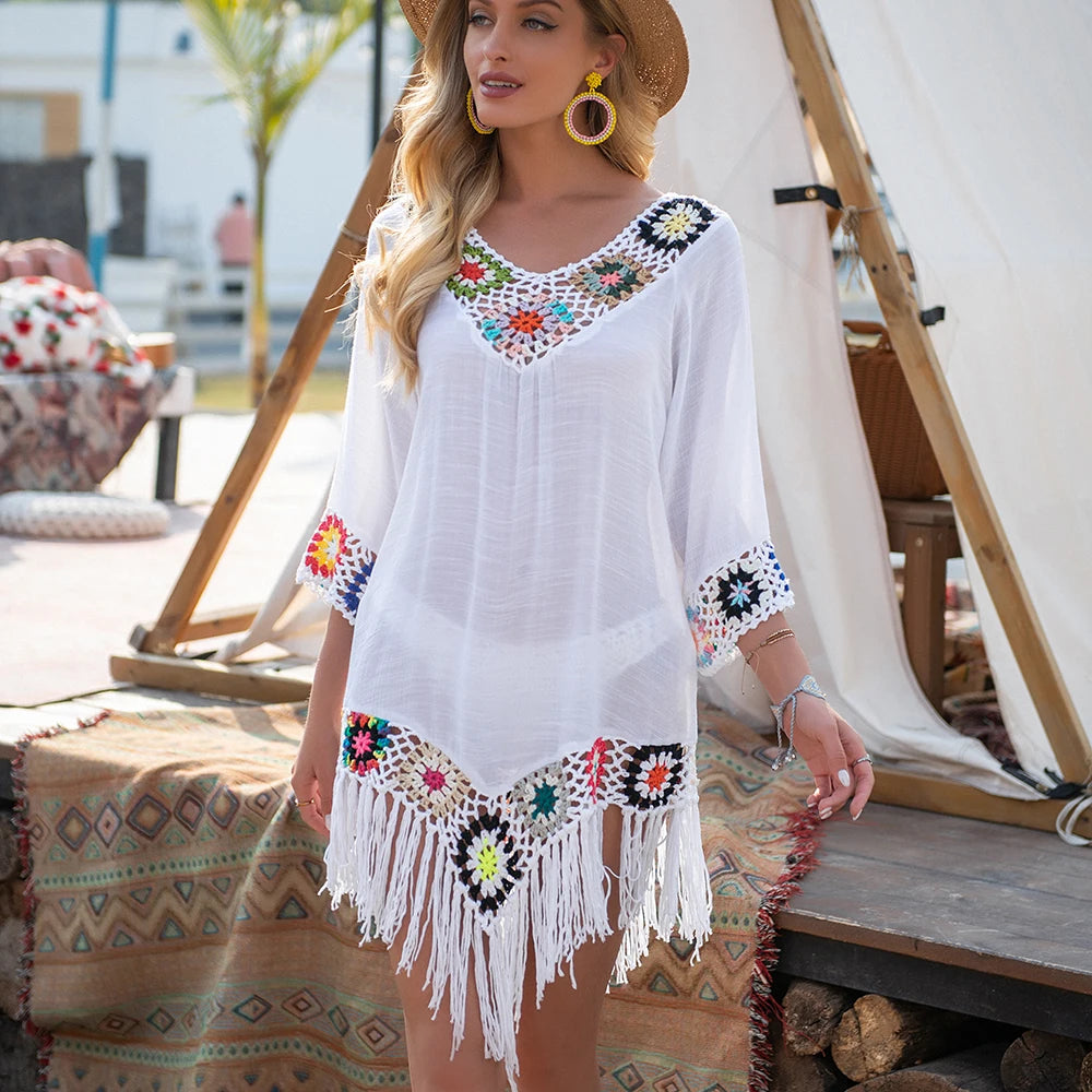 Women’s Fringe Crochet Beach Cover Up – White Hollow Knit Tunic